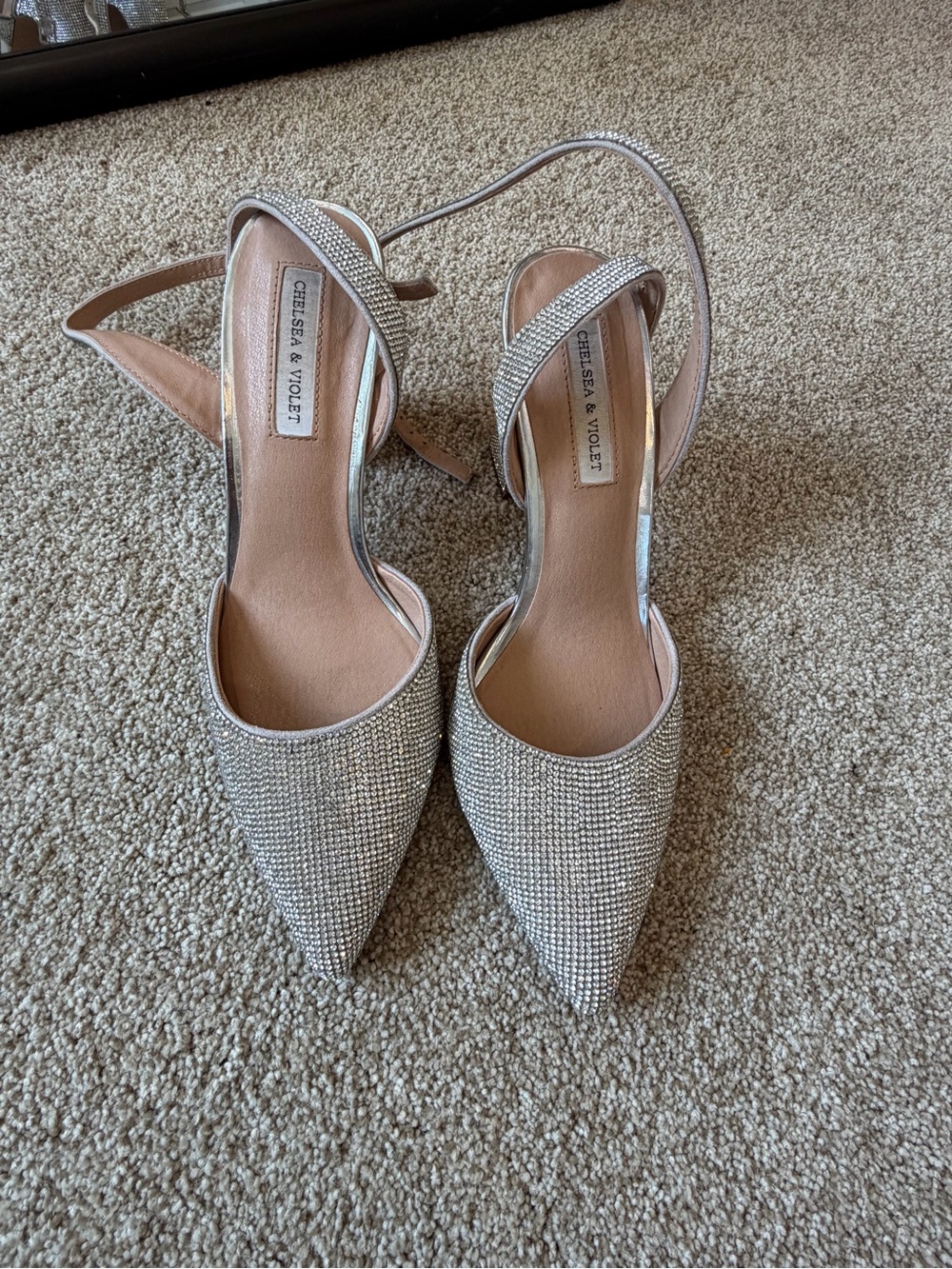 Chelsea & Violet Silver Crystal Pointed-Toe Slingback Heels, Size 9